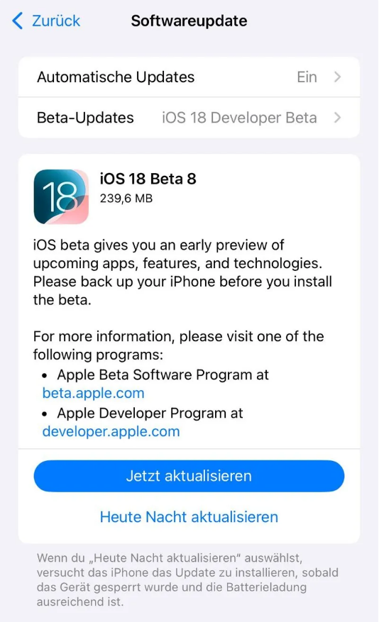 安徽苹果手机维修分享苹果 iOS / iPadOS 18 开发者预览版 Beta 8 发布 